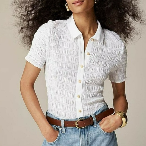 J.Crew Smocked Button-Up Shirt in Cotton-Blend Voile White Size S - Picture 4 of 5